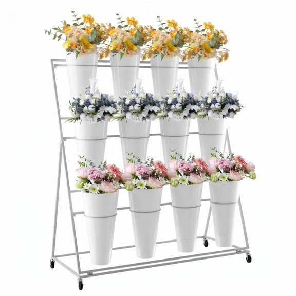 43.7"  39.3" 19.6" 3 Tier Flower Display Stand With 12 Buckets & Wheels, White Rolling Flower Cart For Flower Shop, Wedding, Indoor & Outdoor Use