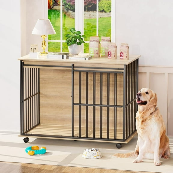 43.7" Dog Crate Furniture, XL Dog Crate Dog Kennel Indoor with Wheels for Large Medium Small Dogs, Wooden Dog Kennel End Table with Sliding Door Wooden Furniture Crates for Living Room, Bedroom