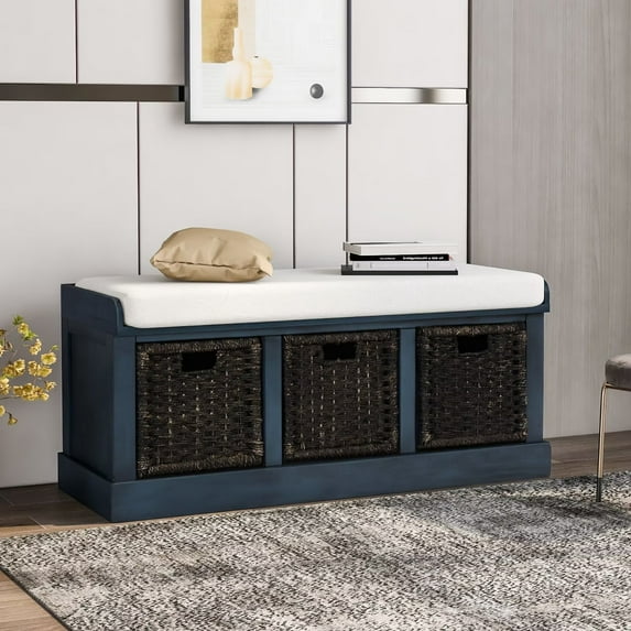 43.7" Farmhouse Storage Bench with 3 Removable Classic Rattan Basket, Retro Shoe Bench Chair with Removable Cushion, Wooden Rustic Ottoman Footrest for Living Room Entryway Bedroom, Navy