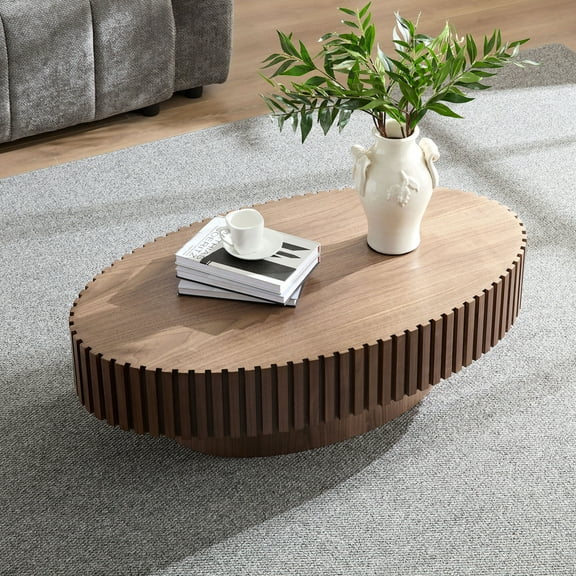 43.7" Oval Multi-functional Coffee Table, Modern Handcraft Drum Coffee Table with  MDF base and Solid Wood Relief for Living Room, Small Space, Office, Walnut