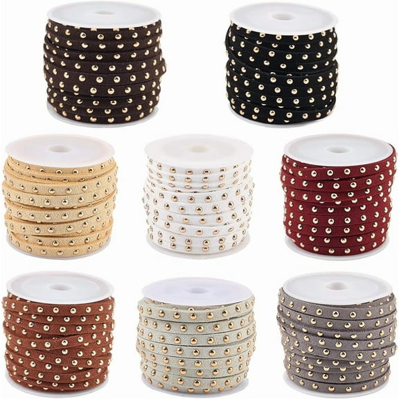 43.7 Yards 8 Colors Studded Lace Beading String Strips 5mm Flat Microfiber Leather Faux Suede Cord Rope Trim Ribbon with Golden Punk Rivets