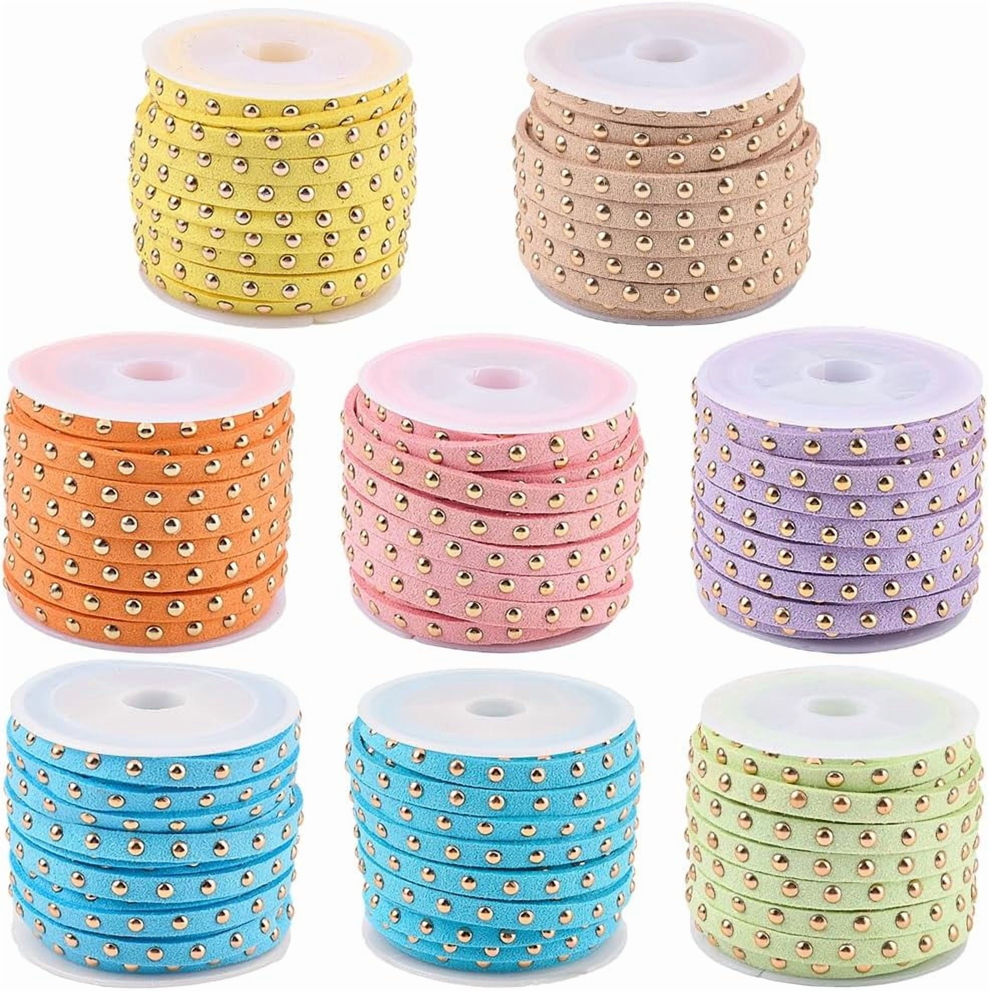 43.7 Yards Studded Suede Cord 8 Colors Flat Microfiber Leather Rope Trim 5mm Lace Beading String Strips Ribbon with Golden Punk Rivets for Jewelry Making Necklaces Bracelets DIY Crafts