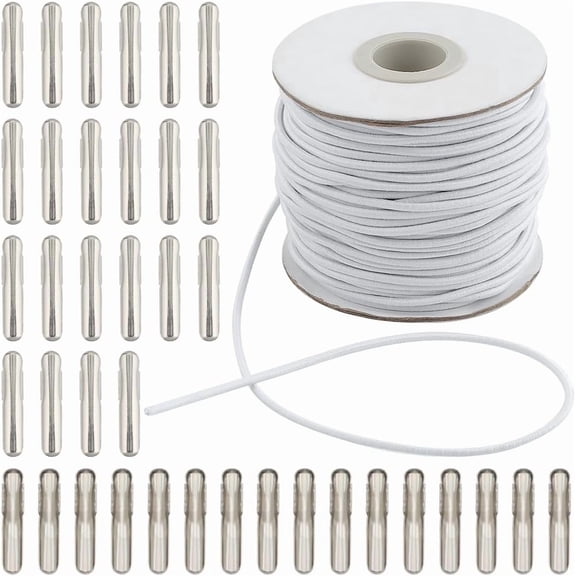 43.74 Yards x 2mm Elastic Barbed Cords Stretch Round String Loop with Metal Barbs Crimp Ends Fastener Clamp Hat Chin Cord Strap for Party DIY Crafting Menus Badges Signs Book Binding Gainsboro