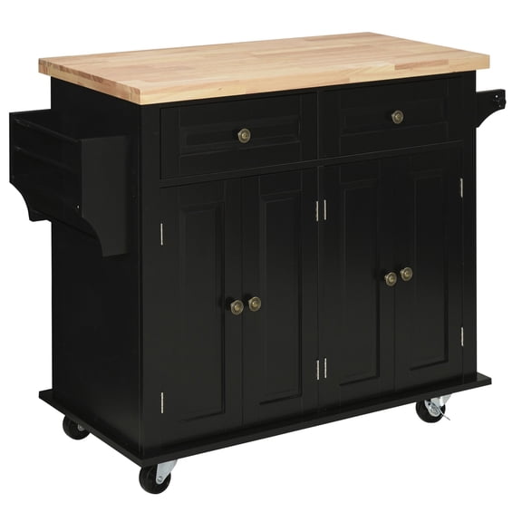 43.75" Kitchen Island Cart on Wheels - Black Rolling Cart with Rubberwood Top, Spice Rack & Storage Drawers
