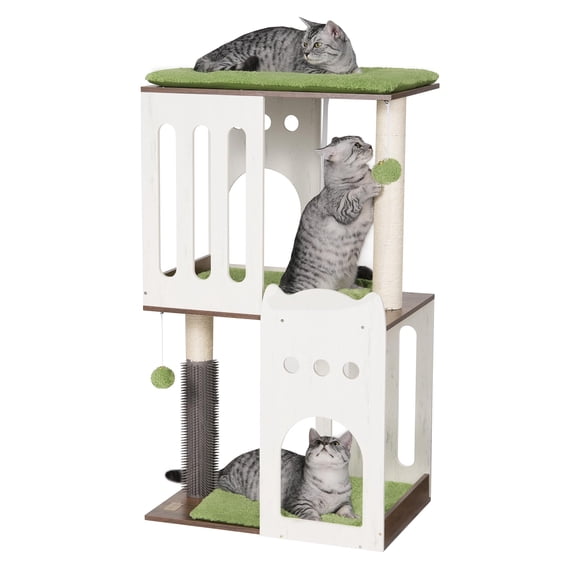 43.7in 3-tier Modern Cat Tree Tower Condo Scratch Posts For Indoor Cats Big Plate Two 19.7in Full Sisal White
