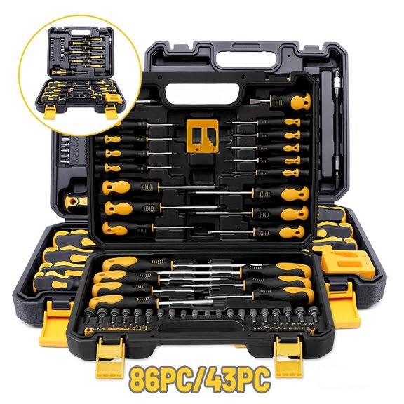 43/86pcs Multifunctional Screwdriver Set: Chrome-Vanadium Steel, Strong Mag W/ Mag/Demag Tool, Flex Shaft, Multi-Bits (Phillips/Flat/Pozi/Hex/Star), Portable Box - Men'S Pro Tool