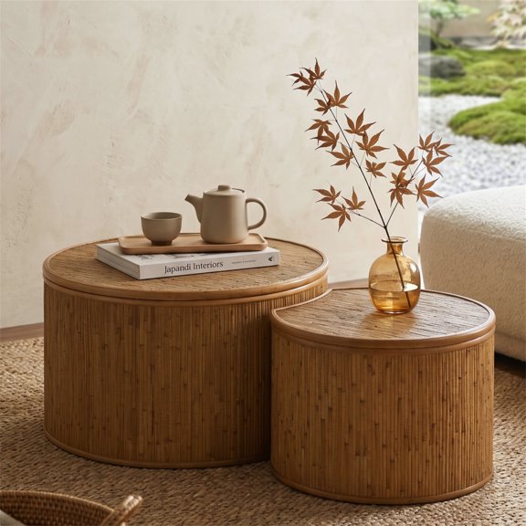 43.9"Vintage Inlaid Rattan Vintage Coffee Table With Storage Function, For Dining Room, Kitchen And Living Room,Natural, Set of 2