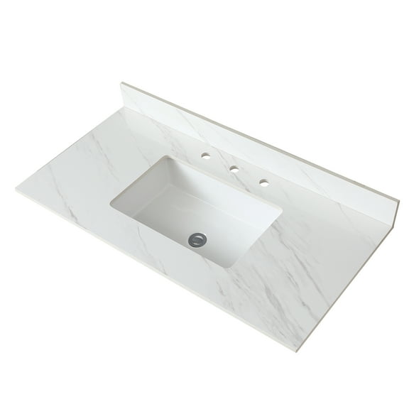 43" Bathroom Vanity Top In White With 4" Backsplash, Undermount Sink And Heat- Sintered Stone - Pre-drilled Faucet Hole, Rectangular Sink, Glisten