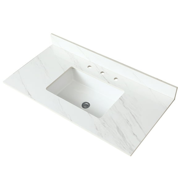 43" Bathroom Vanity Top In White With 4" Backsplash, Undermount Sink And Sintered Stone - Pre-drilled Faucet Hole, Rectangular Sink, Brightness
