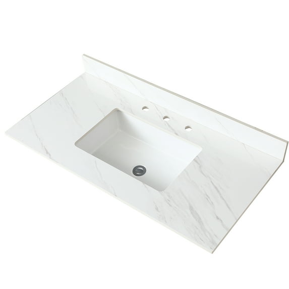 43" Bathroom Vanity Top In White With 4" Backsplash, Undermount Sink And Sintered Stone - Pre-drilled Faucet Hole, Rectangular Sink, Brightness