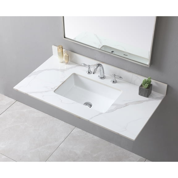 43" Bathroom Vanity Top with Ceramic Undermount Sink & Backsplash,Carrara White Sintered Stone Counter Top, 3 Holes Vanity Sink Top