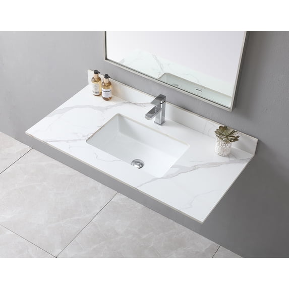 43" Bathroom Vanity Top with Ceramic Undermount Sink & Backsplash,Carrara White Sintered Stone Counter Top, Single Hole Vanity Sink Top