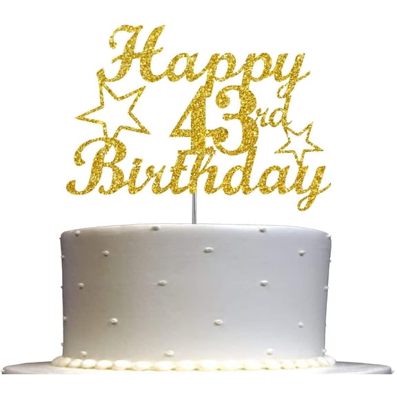 43 Birthday Cake Topper Gold Glitter, Party Decoration Ideas, Sturdy Doubled Sided Glitter, Acrylic Stick. Made in USA (43rd)