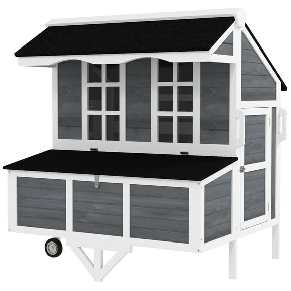 43" Chicken Coop with Wheels, Chicken Tractor with Nesting Box, Windows, Pull-out Tray, Perches, for 2-4 Hens, Gray