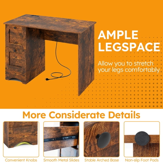 43" Computer Desk with Power Outlets & 2 Drawers, Writing Studying Working Desk for Home Office,Rustic Brown