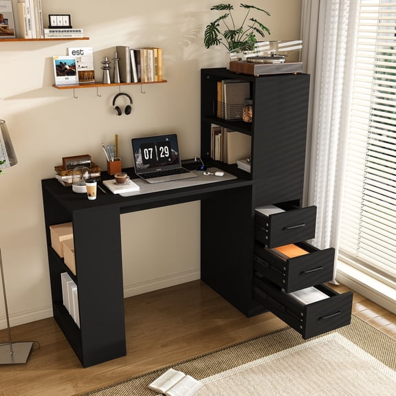 43" Computer Desk with Power Outlets, 3-Drawer & Storage Shelves, Modern PC Table for Home Office, Black