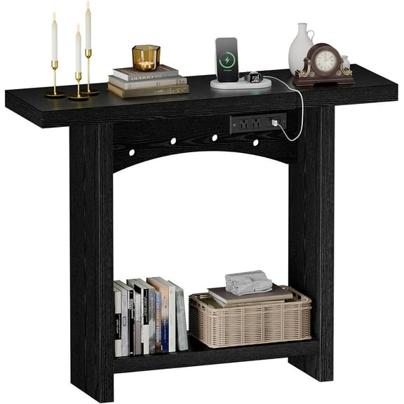 43" Console Table with Charging Station, Farmhouse entryway Table Narrow 2-Tier Storage or Hallway & Living Room, Perfect as Sofa Table Behind Couch, Sturdy Thickened Board & Anti-Tip