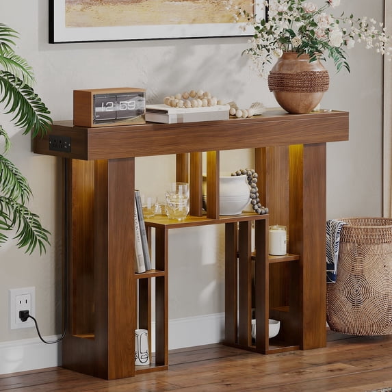 Pusnapku 43" Console Table, Narrow Sofa Side Table with Storage, Freestanding Wood Display Shelf, Behind Couch Desk for Living Room, Foyer, Hallway