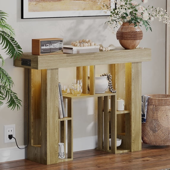 Pusnapku 43" Console Table, Narrow Sofa Side Table with Storage, Freestanding Wood Display Shelf, Behind Couch Desk for Living Room, Foyer, Hallway
