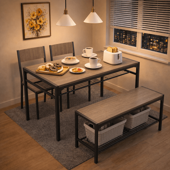 43" Dining Room Table Set for 2-4, 4 Piece Wooden Kitchen Table Set with Bench and 2 Chairs with Storage Rack, Small Space and Breakfast Nook, Gray