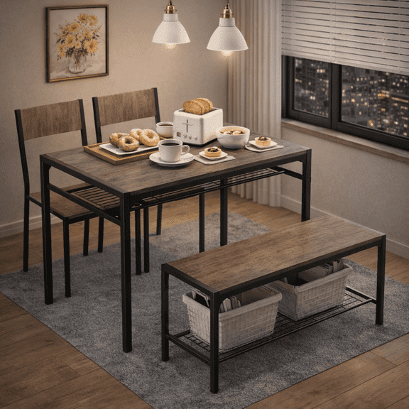 43" Dining Room Table Set for 2-4, 4 Piece Wooden Kitchen Table Set with Bench and 2 Chairs with Storage Rack, Small Space and Breakfast Nook, Gray