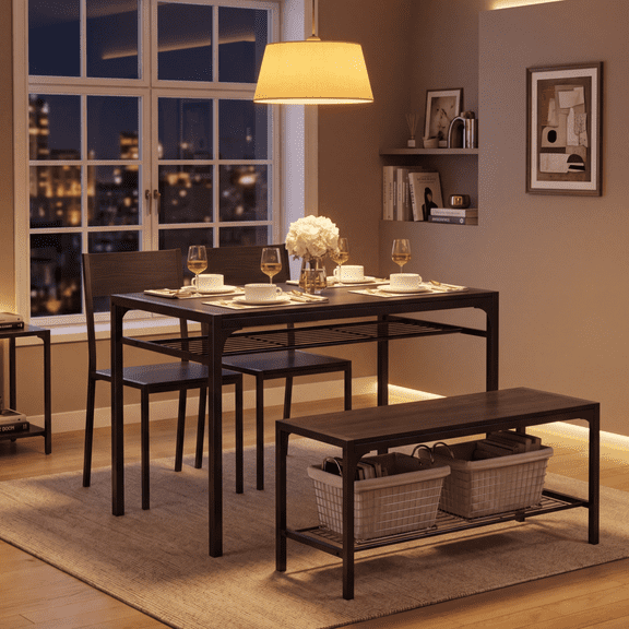 43" Dining Room Table Set for 2-4, 4 Piece Black Wooden Kitchen Table Set with Bench and 2 Chairs with Storage Rack, Small Space and Breakfast Nook