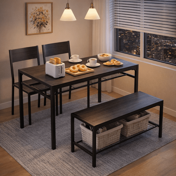 43" Dining Room Table Set for 2-4, 4 Piece Retro Wooden Kitchen Table Set with Bench and 2 Chairs with Storage Rack, Small Space and Breakfast Nook
