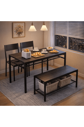 43" Dining Room Table Set for 2-4, 4 Piece Retro Wooden Kitchen Table Set with Bench and 2 Chairs with Storage Rack, Small Space and Breakfast Nook