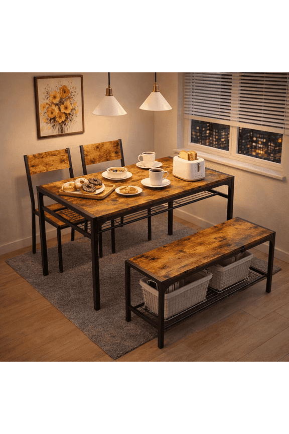 43" Dining Room Table Set for 2-4, 4 Piece Wooden Kitchen Table Set with Bench and 2 Chairs with Storage Rack, Small Space and Breakfast Nook, Retro