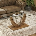 thumbnail image 1 of 43" Dining Table, Modern Minimalist Transparent Glass Coffee Table with Wood Legs and Stainless Steel Columns, Multi-Function Kitchen Table for Dining Room, Kitchen, Living Room, Office, Wood, 1 of 9