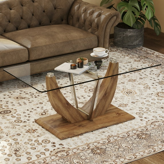 43" Dining Table, Modern Minimalist Transparent Glass Coffee Table with Wood Legs and Stainless Steel Columns, Multi-Function Kitchen Table for Dining Room, Kitchen, Living Room, Office, Wood