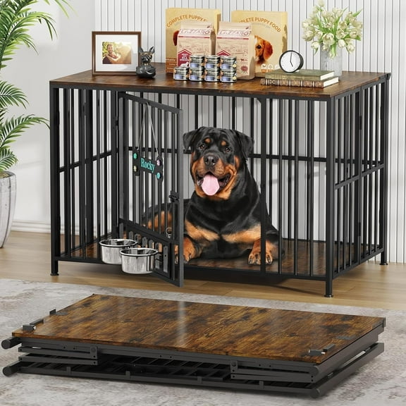POAO 43" Dog Crate Furniture Foldable for Large Dogs (60-80 lbs), No Assembly Dog Kennel Indoor,Wooden Dog Cage with Adjustable Bowls &Name Tag