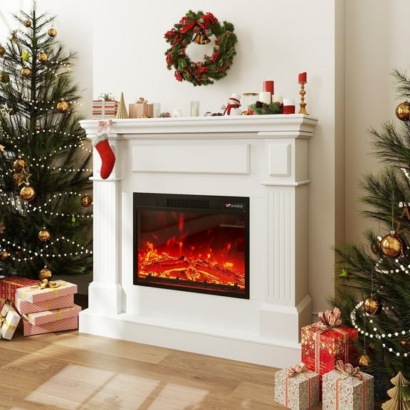 FURRYFECTION 43" Electric Fireplace with Mantel, 23" Freestanding Fireplace Heater TV Stand with Adjustable 3D Flame, Remote Control, 1500W, White