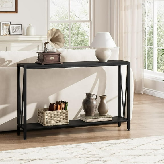 43" Entryway Console Table with V-Design, 2-Tier Industrial Sofa Table with Storage, Narrow Hallway Table for Living Room, Foyer, or Entryway, Black