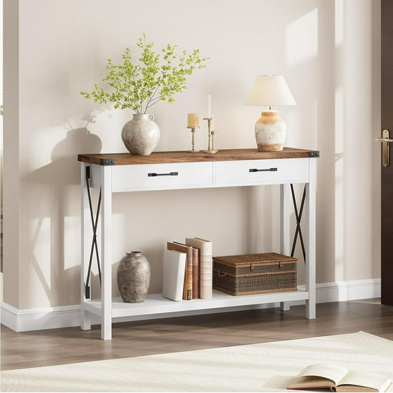 43" Farmhouse Console Table Entryway Table, 2-Tier Wood Sofa Table with Shelf, Behind Couch Table, Console Table with Storage Drawers, for Entryway, Living Room, Hallway, Foyer