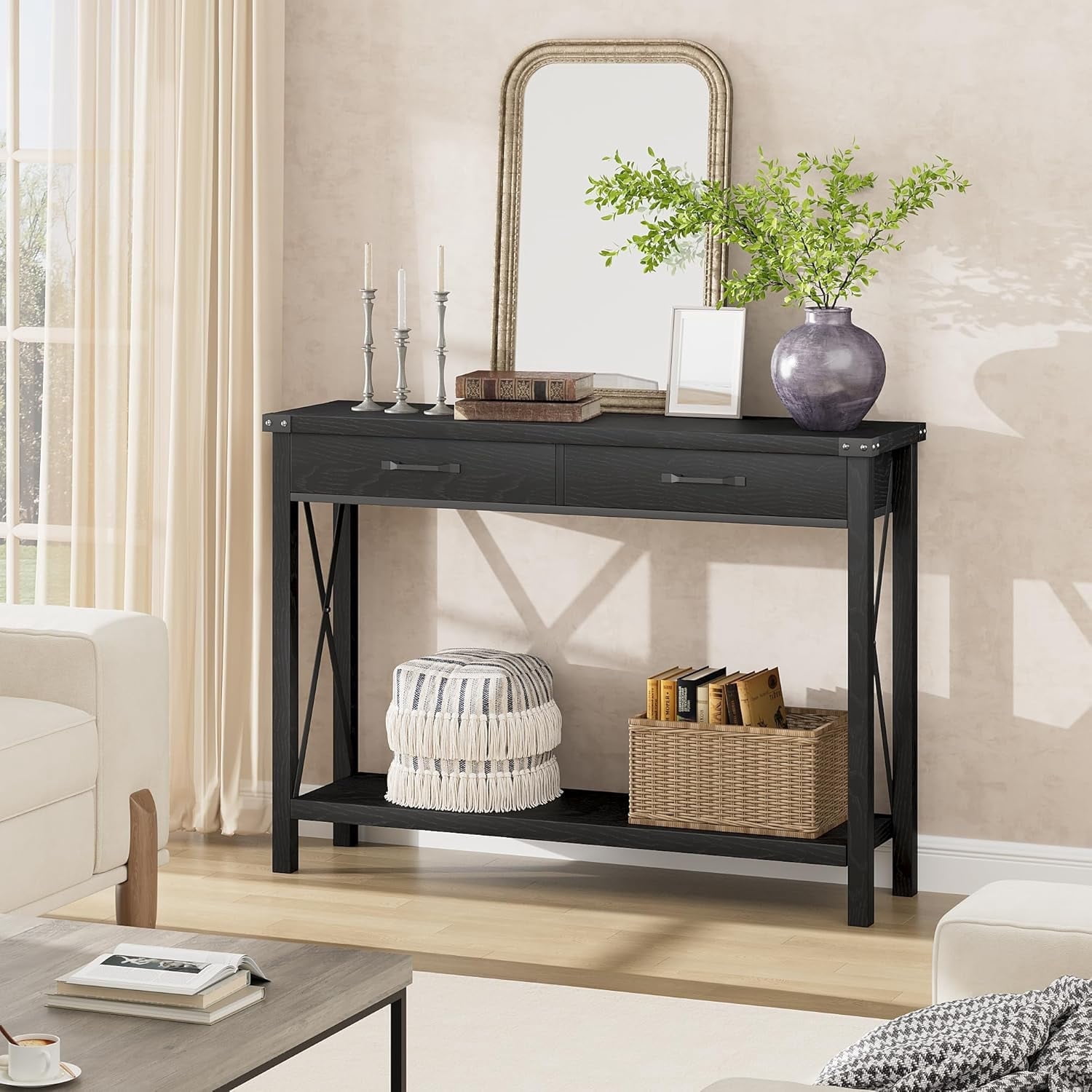 43" Farmhouse Entryway Table, Rustic 2-Tier Wood Console Table with Shelf, Sofa Table for Living Room, Hallway, or Foyer, Black