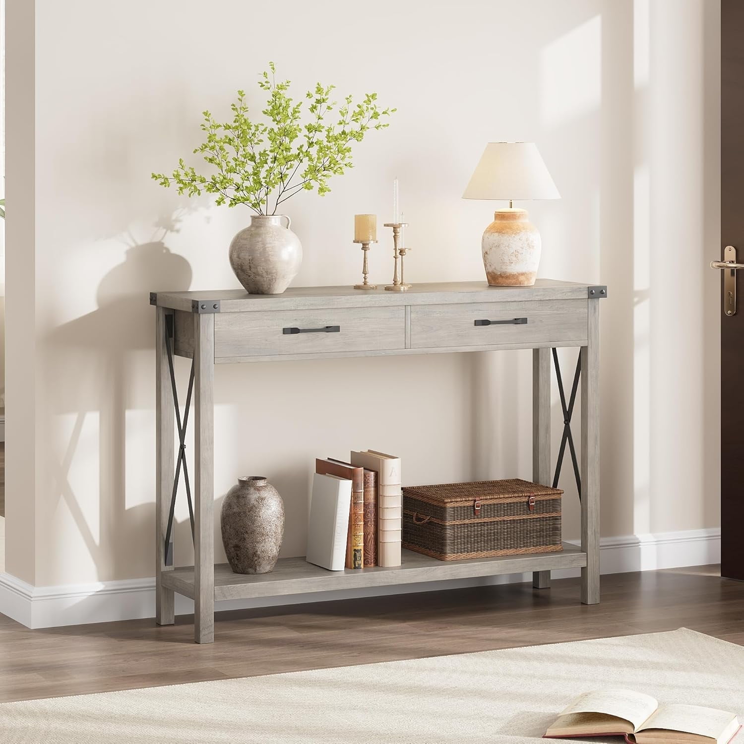 43" Farmhouse Entryway Table, Rustic 2-Tier Wood Console Table with Shelf, Sofa Table for Living Room, Hallway, or Foyer, Grey