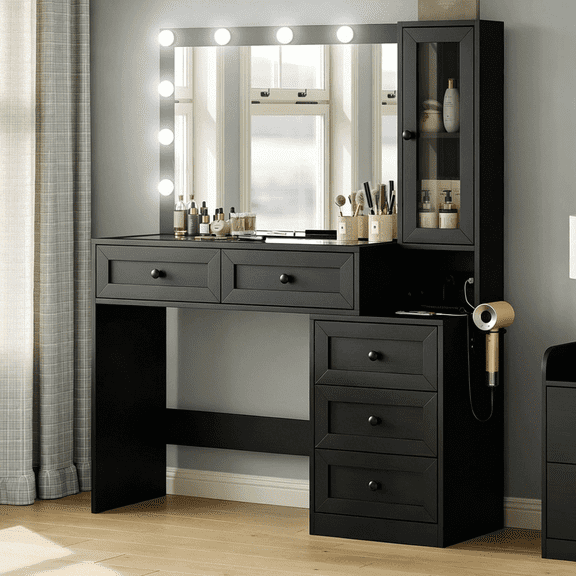 43'' Farmhouse Makeup Vanity Desk with Charging Station, Big Modern Lighted Vanity Table 3 Lighting Modes Adjustable Brightness, Dressing Table for Bedroom with 5 Drawers & Storage Shelves, Black