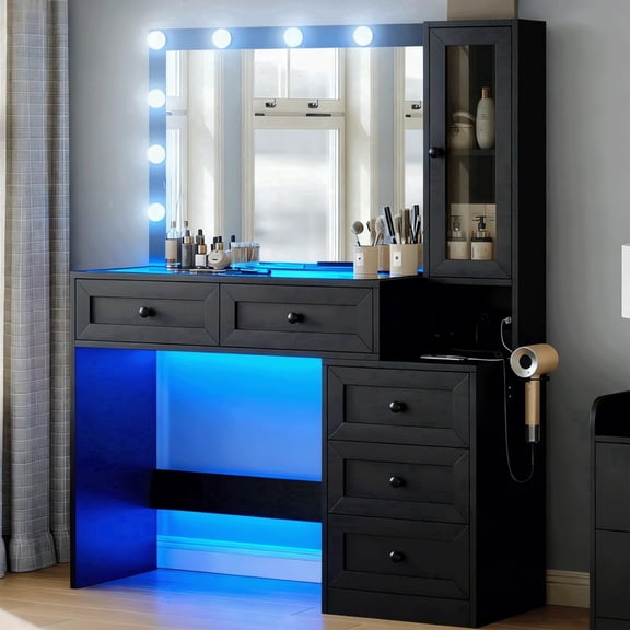 43'' Farmhouse Makeup Vanity Desk with Charging Station, Big Modern Lighted Vanity Table RGB Drawer, Dressing Table for Bedroom with 5 Drawers & Storage Shelves, Black
