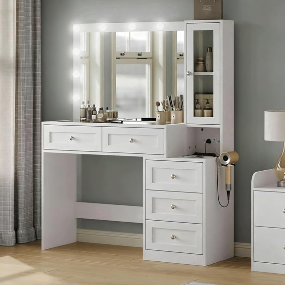 43'' Farmhouse Makeup Vanity Desk with Charging Station, Dressing Table for Bedroom with 5 Drawers & Storage Shelves, Big Modern Lighted Vanity Table 3 Lighting Modes Adjustable Brightness, White