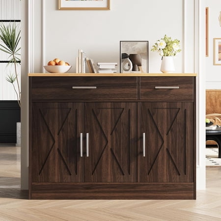 43" Farmhouse Sideboard Buffet Cabinet, Rustic Brown | Buffet Cabinet with Storage, Modern Coffee Bar Cabinet with 2 Drawers and Adjustable Shelves for Kitchen, Dining Room