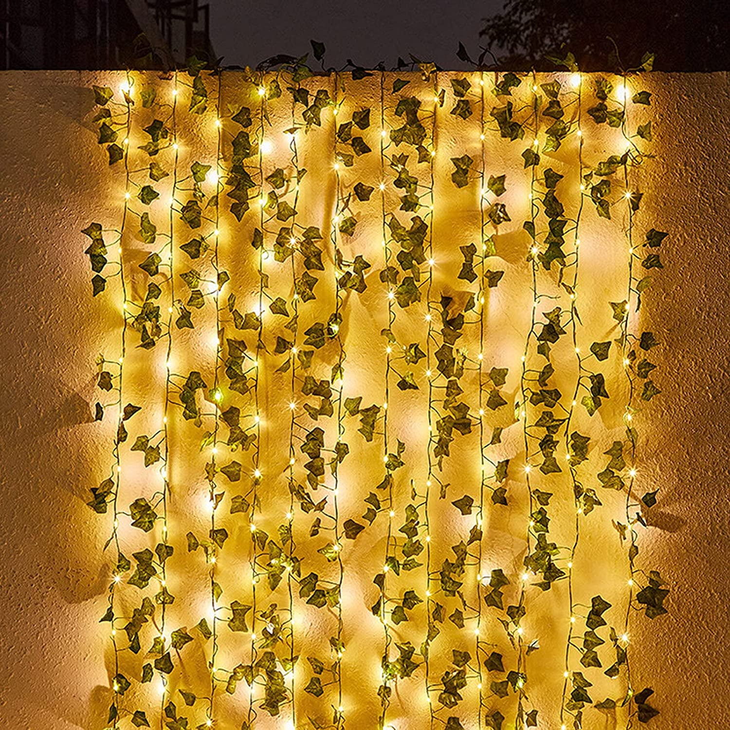 43 Feet Fake Vines with 130 LED Solar String Lights - Outdoor Patio Decor with Artificial Plants and Hanging Fake Ivy Greenery Garland - Perfect for Balcony, Garden, and Party - Solar Powered - 8 Ligh