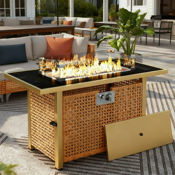 43" Fire Pit Table Propane, 60000 BTU Rectangular Fire Pit with Glass Wind Guard and Steel Frame for Outside Patio Deck Garden Backyard, Orange & Mustard Yellow