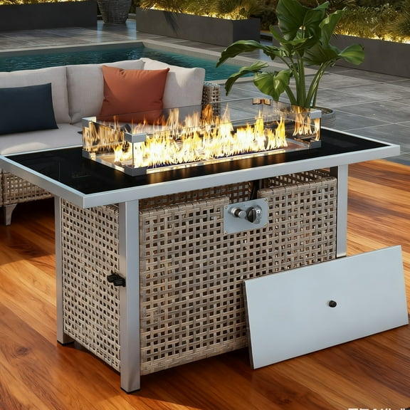 43" Fire Pit Table Propane, 60000 BTU Rectangular Fire Pit with Glass Wind Guard and Steel Frame for Outside Patio Deck Garden Backyard, Grey