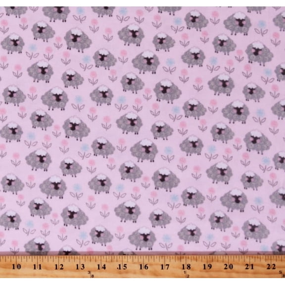 43" Flannel Sheep Lambs Cute Animals Flowers on Pink Playful Cuties 2 Kids Girls Cotton Flannel Fabric Print by the Yard (13874-PINK)