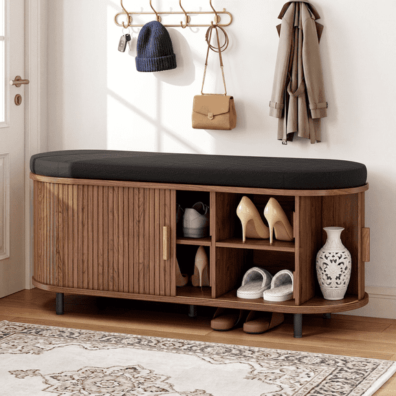 43" Fluted Shoe Bench with Storage Cushion, 2-Tier Entryway Shoe Storage Bench, Mid Century Modern with Sliding Door & Adjustable Shelf for Entryway Bedroom Living Room, Walnut