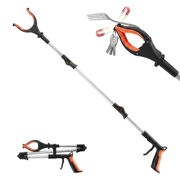 43" Foldable Reacher Grabber with LED Light & Magnet, 360 Rotating Jaw
