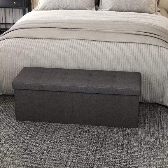 43" Foldable Storage Ottoman - Rectangular Linen Footrest with Wood Frame | Multi-Use for Bedroom, Living Room & Entryway Organization