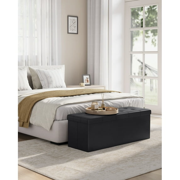 SONGMICS 43" Folding Storage Ottoman Bench, Faux Leather Footrest, Bedroom Bench, Holds up to 660 lb Black