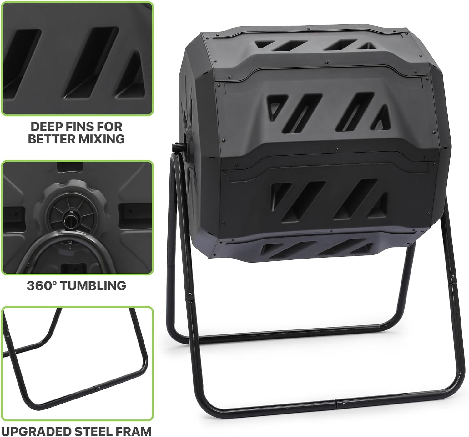 43 Gal Chamber Compost Tumbler Outdoor Tumbling Composting Bins High Volume Garden Composter w/Dual Chamber Sliding Doors for Gardening, Black Sliding Doors